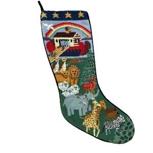 Vintage Handmade Needlepoint & Navy Velvet Noah’s Ark Animals Christmas Stocking